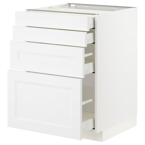 White METOD kitchen cabinet with drawers and shelves, modern design, sleek edges.