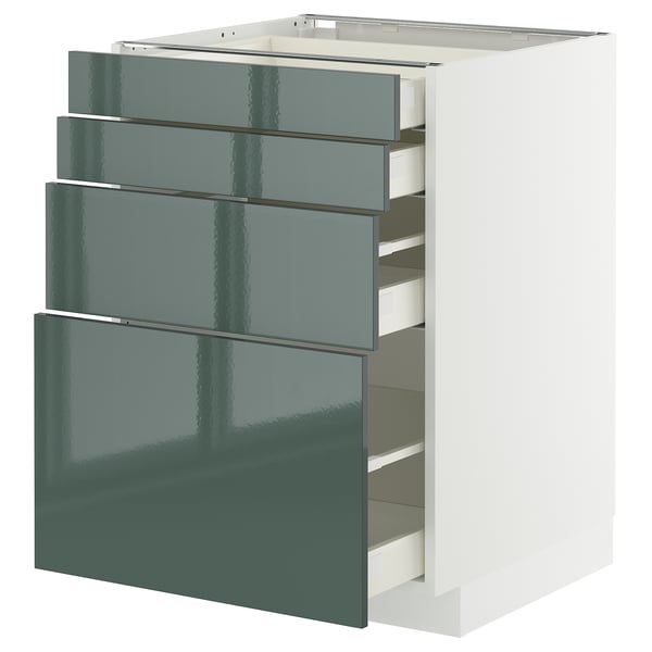 METOD kitchen cabinet with four grey-green glossy drawers, sleek modern design.