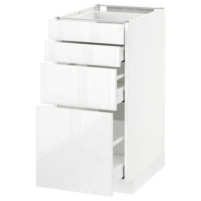 METOD kitchen unit. White, glossy finish. Three open drawers, sleek design.