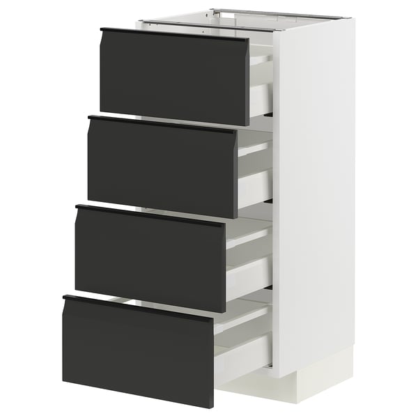 METOD kitchen unit with four black drawers, sleek handles, and white sides. Modern, sturdy, and organised.