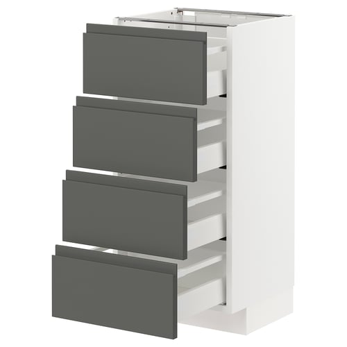 White kitchen cabinet with four grey drawers, modern sleek design.