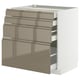 Modern kitchen unit with sleek, dark grey-brown metal drawers, smooth handles, and a white frame.