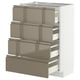 Modern kitchen cabinet, white with 4 shiny dark brown drawers, sleek handles, metallic finish.