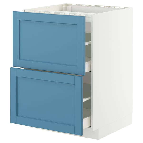 A METOD blue kitchen cabinet with two drawers, made of birch wood and fiberboard, featuring a modern design.