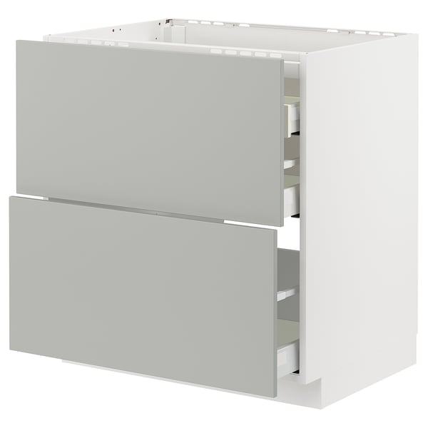 A light grey ikea METOD kitchen cabinet with two drawers.