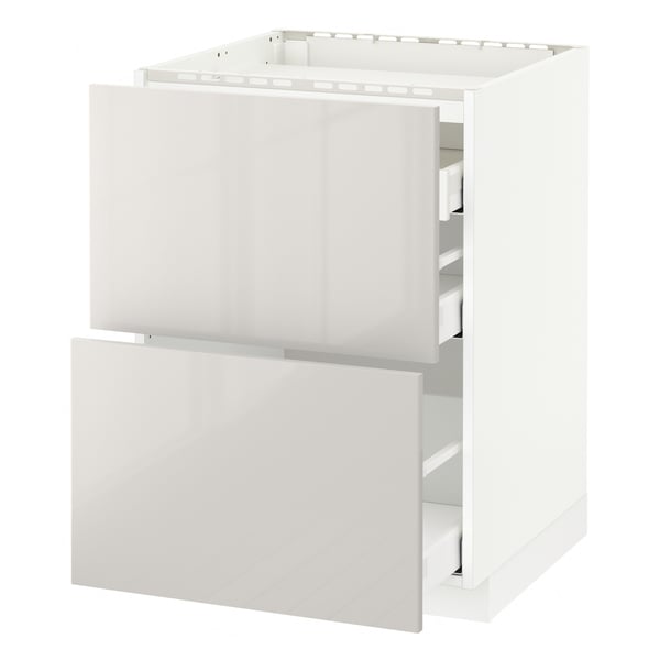 White kitchen cabinet, modern design, glossy finish, two open drawers, clean, organized.