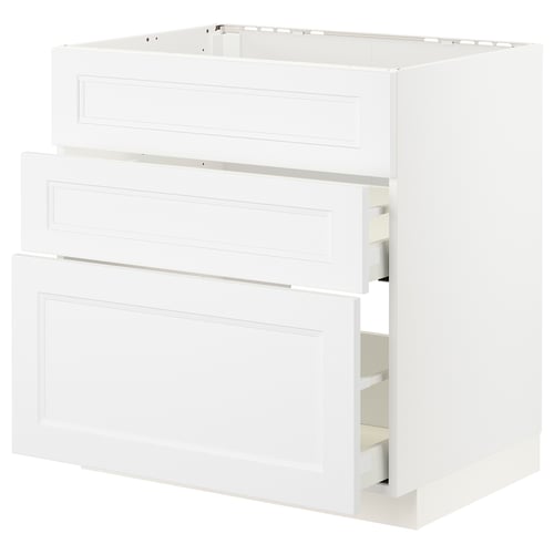 White METOD kitchen cabinet with three drawers, sleek modern design.