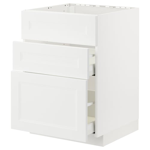 Ikea METOD white cabinet with three drawers and one door.