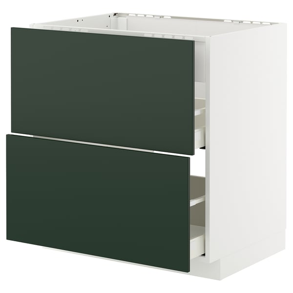 Modern kitchen unit with two deep green drawers and white frame.