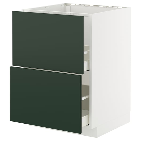 METOD kitchen unit in dark green with white frame.