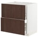 Ikea METOD kitchen unit, white frame, dark brown wood drawers, square shape.