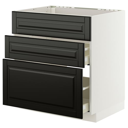 Modern white kitchen cabinet with three black bevelled drawers.