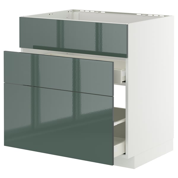 Modern grey-green high-gloss kitchen cabinet with three drawers.