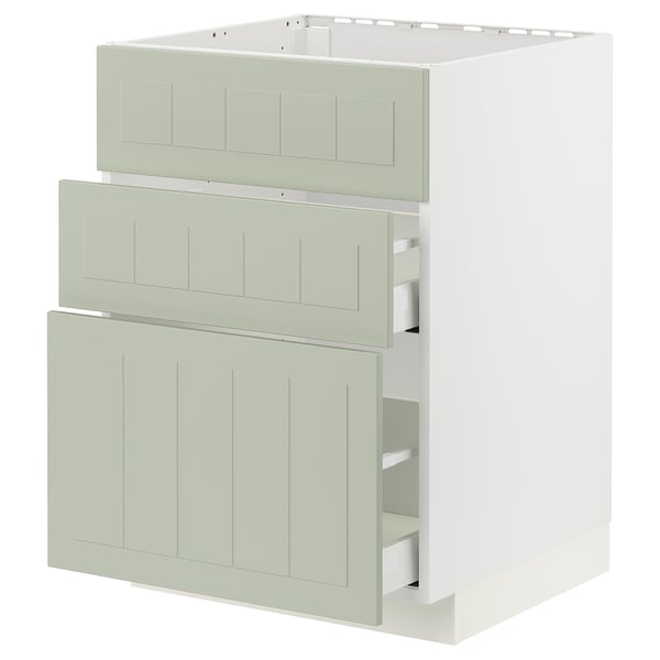 An ikea METOD kitchen unit with three green stensund drawers and a cabinet. It has a modern, light, and minimalist design.