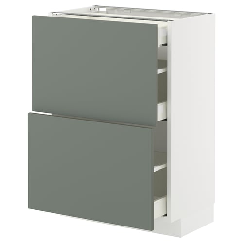 METOD kitchen unit with grey-green drawers and white base, modern design.