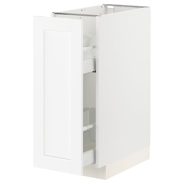 A white METOD kitchen cabinet with pull-out shelves made of particleboard and steel.
