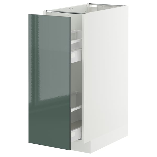METOD kitchen cabinet in white with high-gloss grey-green door, open to show shelves.