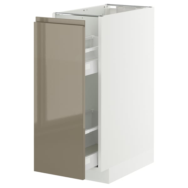 A high gloss dark grey-brown ikea METOD kitchen cabinet with a pull-out drawer. It has a sleek, modern design with integrated handles.