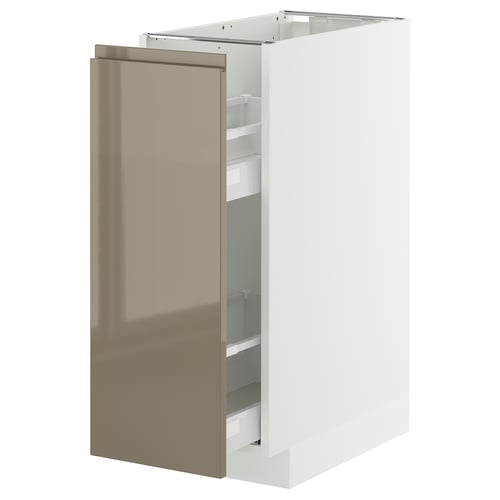 A high gloss dark grey-brown ikea METOD kitchen cabinet with a pull-out drawer. It has a sleek, modern design with integrated handles.