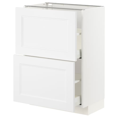White METOD kitchen unit with two open drawers, sleek design for modern or traditional styles.