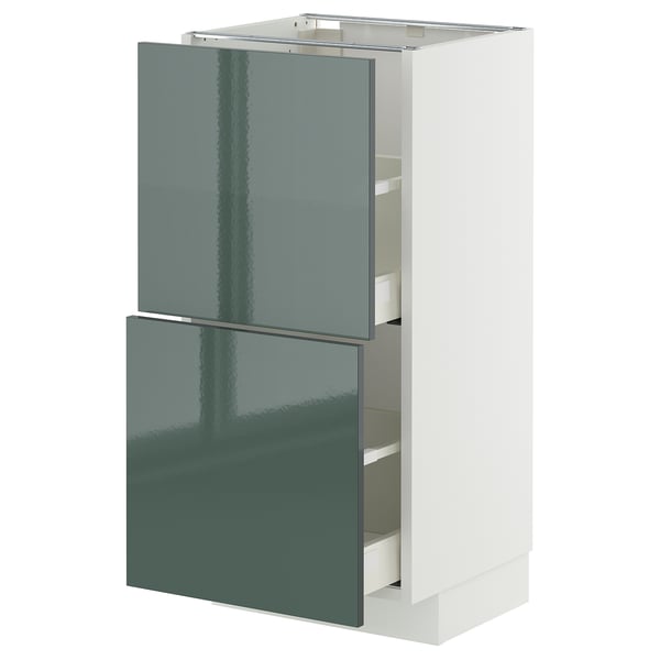A METOD kitchen cabinet with high-gloss grey-green kallarp fronts, featuring three drawers with a sleek, modern design.
