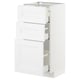 White METOD kitchen cabinet with three drawers and one door.