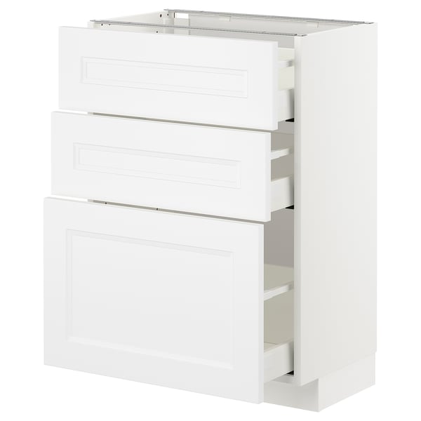 White METOD kitchen unit with multiple drawers.