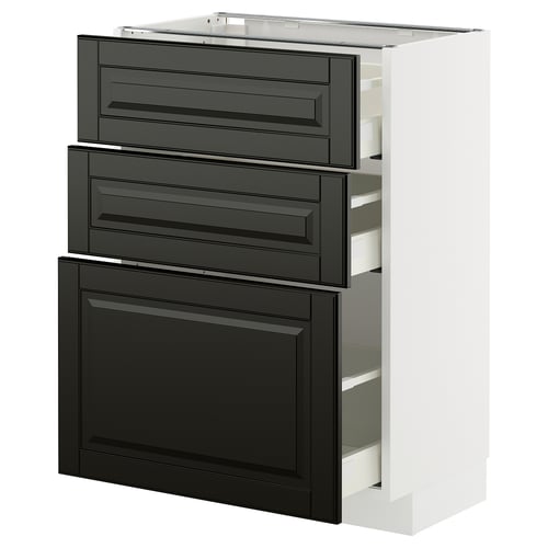 Modern black 3-drawer METOD kitchen cabinet with sleek design and bevelled edges.
