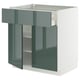 Modern kitchen unit in high-gloss grey-green with pull-out drawers and adjustable shelves.