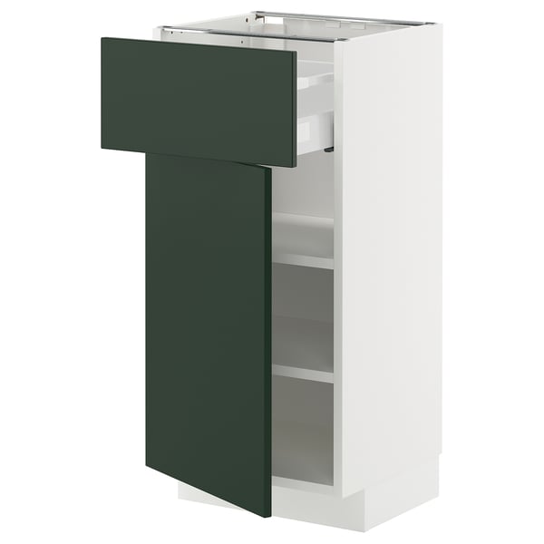 Open modern kitchen cabinet in white with green door, adjustable shelves.