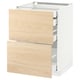 Ikea METOD kitchen cabinet with light ash drawers, three open drawers, white frame.