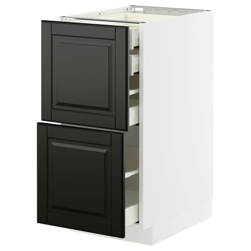 Modern METOD kitchen cabinet with black bodbyn drawers, sleek design, white frame. Pull-out drawers with smooth, self-close function.