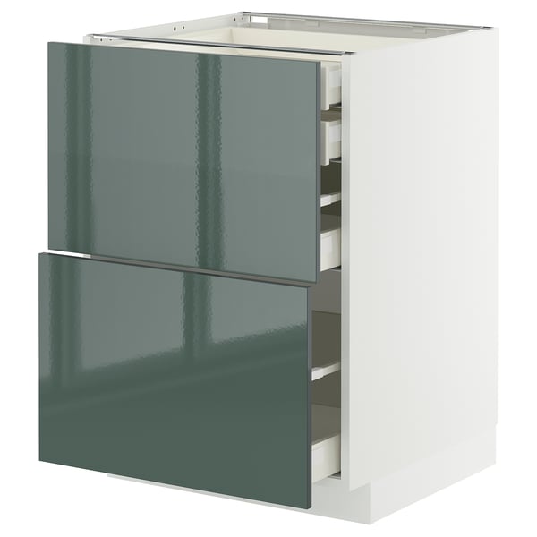 Modern METOD kitchen cabinet with glossy grey-green drawers.