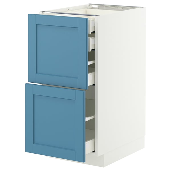 An IKEA METOD kitchen cabinet in blue with multiple drawers. The cabinet has a rectangular shape and a combination of blue drawers and a white base.