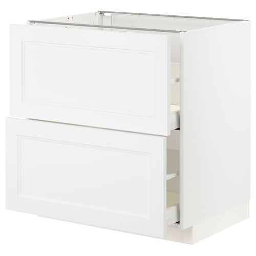 White kitchen cabinet with two open drawers, part of IKEAs METOD system. Clean, modern design with smooth, flat panels.