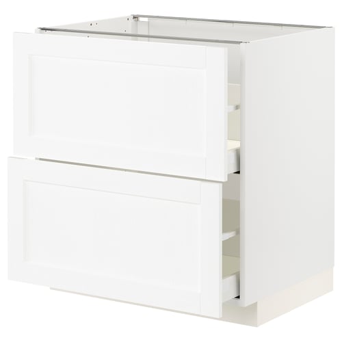 A white METOD kitchen cabinet with two drawers and a door. It has a sleek, modern look with smooth surfaces and subtle detailing.