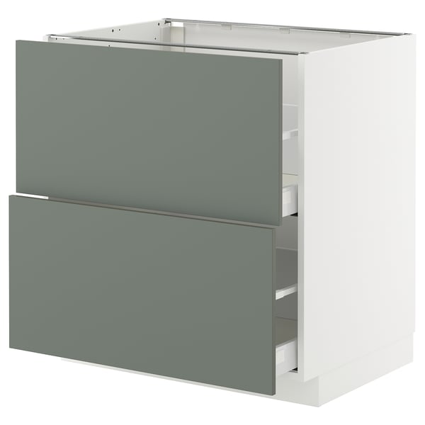 METOD kitchen unit with nickel light green-grey drawers, white frame, 2 large drawers, and open shelf.