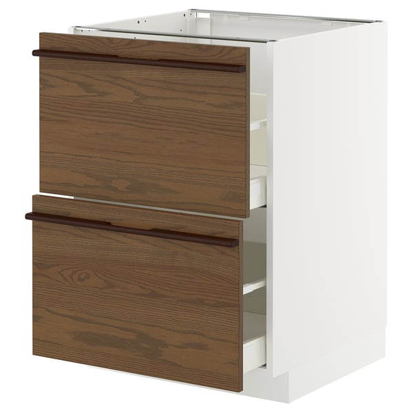 METOD kitchen unit with dark brown wood drawers and white cabinet.