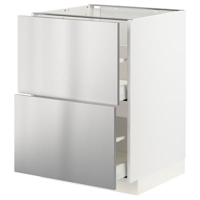 METOD kitchen unit in white with stainless steel drawers, sleek design, sturdy construction.