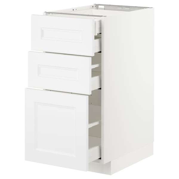 White METOD kitchen cabinet with three drawers in modern design.