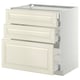 A white METOD kitchen cabinet with three drawers and one door, crafted from fiberboard and particleboard.