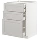 An IKEA METOD kitchen cabinet in light grey with three drawers and two doors, featuring a classic design with bevelled edges and a sturdy frame.