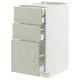 Modern kitchen unit with three green drawers and white cabinet.