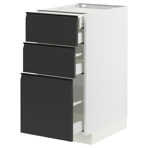 Modern white and black kitchen cabinet with three open drawers, sleek matte black handles, and a square design.