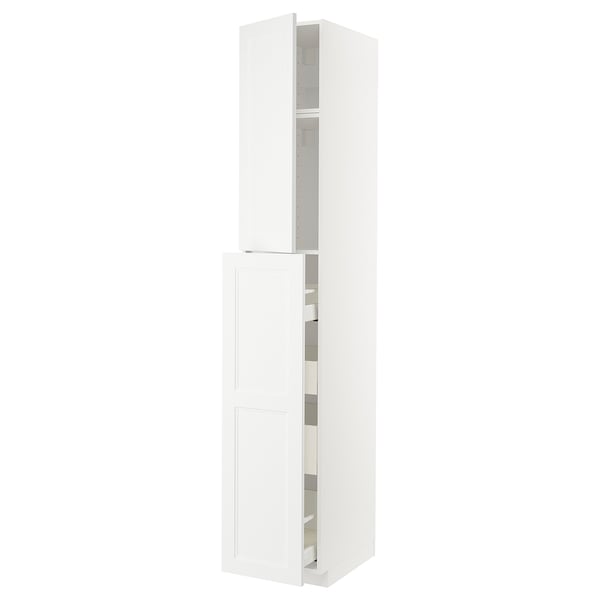 White METOD tall kitchen cabinet with multiple shelves and drawers for storage.