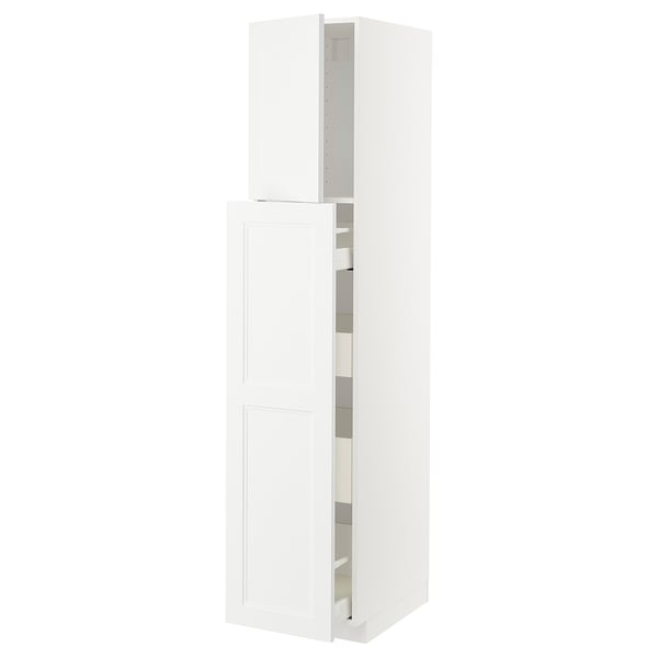 White METOD kitchen cabinet with open door, modern, rectangular, flat panel design, 25-year warranty, made of fiberboard and steel.