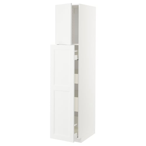 White METOD kitchen cabinet with open door, modern, rectangular, flat panel design, 25-year warranty, made of fiberboard and steel.