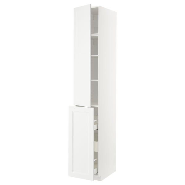 White METOD cabinet with open door, multiple shelves.