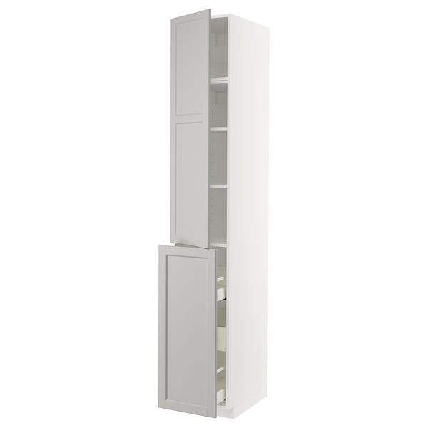 White METOD kitchen cabinet with bevelled light grey doors, two shelves, and adjustable interior.