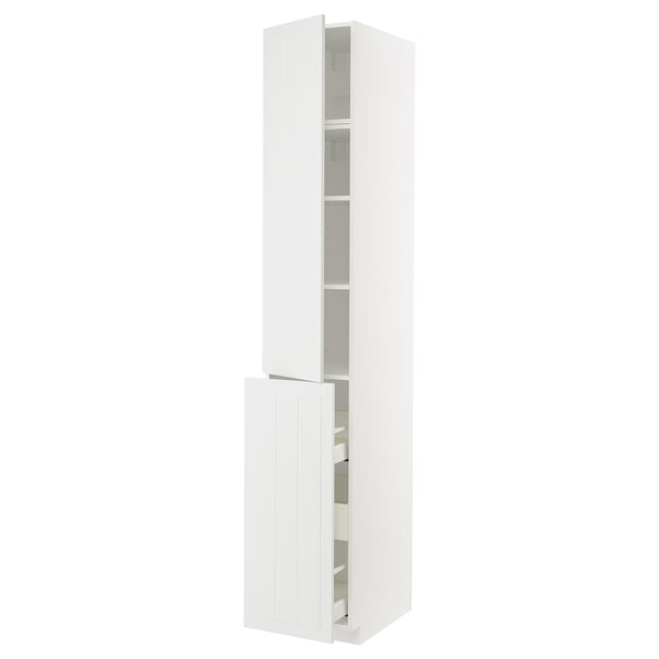 A white METOD kitchen cabinet with adjustable shelves and a drawer. The cabinet is tall and rectangular, featuring multiple compartments for storage.